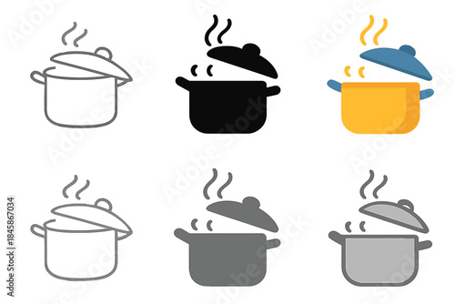 Steaming Cooking Pot Styles. Cooking pot with lid slightly open and aromatic steam rising, first in line style with thin outline,