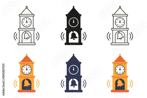 Clock Tower Evolution. Clock tower with swinging bell and visualized ringing waves, first in line style with thin outline, second