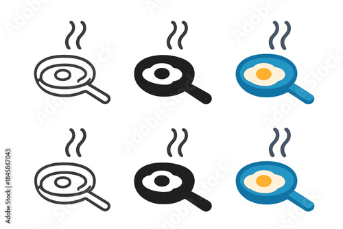 Egg Frying Icons. Frying pan icon with sizzling egg and steam rising, first in line style with thin outline, second in solid style
