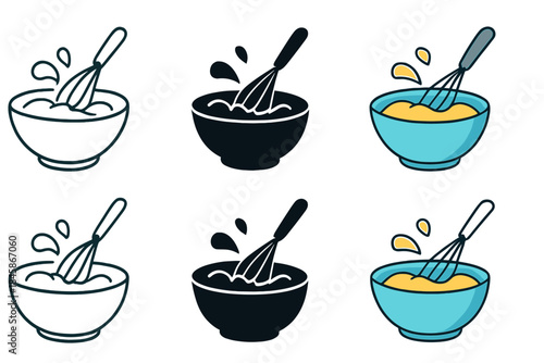Whisked Egg Variations. Bowl with eggs being whisked and froth rising in arcs, first in line style with thin outline, second in