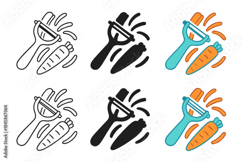 Dynamic Carrot Peeling. Vegetable peeler with carrot slices flying off and motion arcs, first in line style with thin outline,