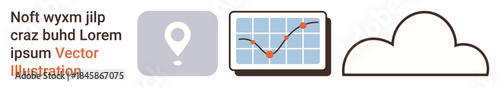 Data visualization, navigation systems, cloud storage, analytics tracking, technology integration, business intelligence. A location pin, graph chart and cloud symbol. Navigation and data