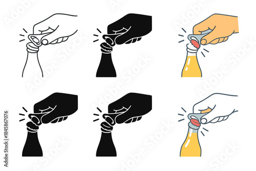 Beverage Opener Styles. Hand using opener on beverage bottle with cap popping and motion streaks, first in line style with thin