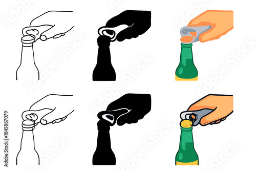 Bottle Opening Styles. Hand using bottle opener to lift cap from bottle, first in line style with thin outline, second in solid
