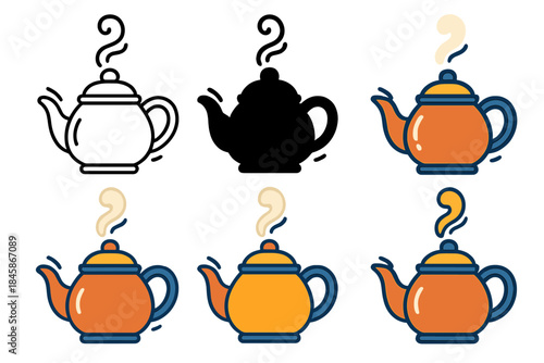 Teapot Steam Variations. Close-up teapot with steam curling upward and motion arcs, first in line style with thin outline, second