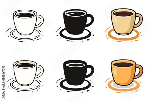 Stylish Coffee Cup Rings. Coffee cup with stain rings forming around base with motion arcs, first in line style with thin outline,