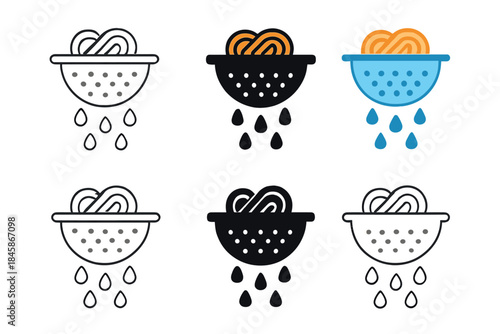 Stylized Colander Variations. Stylized colander icon with pasta and animated water droplets falling, first in line style with thin