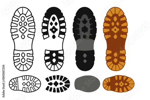 Diverse Hiking Boot Treads. Close-up of hiking boot sole showing tread pattern first in line style with thin outline, second in