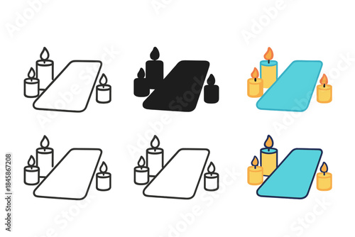 Meditative Candle Styles. Meditation candles surrounding yoga mat area first in line style with thin outline, second in solid
