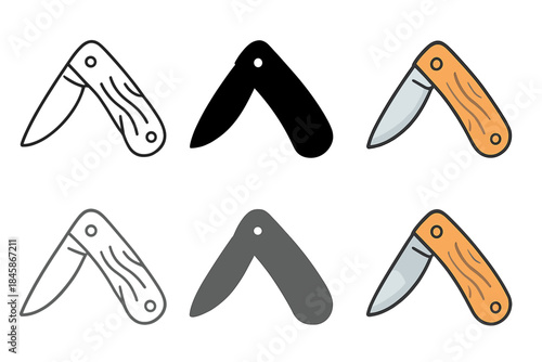 Diverse Pocket Knife Styles. Folded pocket knife with wooden handle first in line style with thin outline, second in solid style