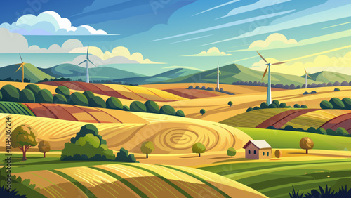 Very beautiful rolling farmland in Preston County with hay bales across open fields, distant wind turbines along ridgelines, soft late-summer clouds, and peaceful rural vector illustration.