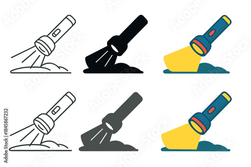 Flashlight Path Styles. Flashlight resting on ground illuminating path first in line style with thin outline, second in solid