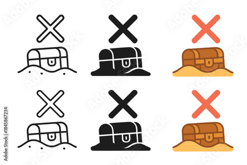 Treasure Chest Design Evolution. Treasure chest peeking from sand beneath X mark first in line style with thin outline, second in