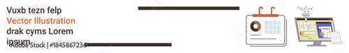 Project planning, time management, business analytics, workflow optimization, organization, resource handling. Calendar, charts and computer screen with data. Project planning and time management