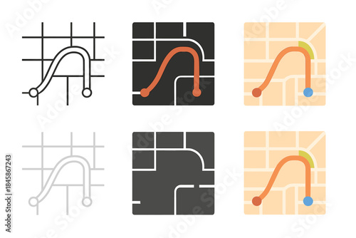 Colorful Tunnel Route Map. Map Tunnel Route first in line style with thin outline, second in solid style filled shape, third in