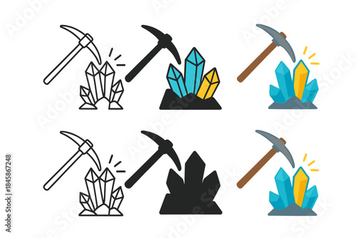 Gemstone Style Variations. Gemstone cluster revealed after pickaxe hit first in line style with thin outline, second in solid