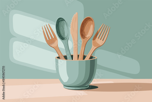 Flat Design Kitchen Utensils in a Cup