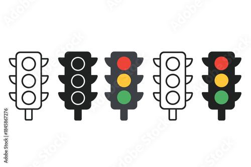 Stylized Traffic Lights. Traffic Light Signal first in line style with thin outline, second in solid style filled shape, third in