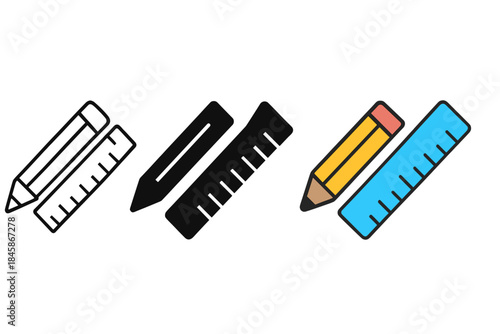 Stylized Pencil Mark Series. Pencil Mark Measure first in line style with thin outline, second in solid style filled shape, third