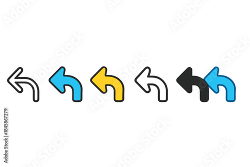 Diverse Arrow Styles. Arrow Turn Left first in line style with thin outline, second in solid style filled shape, third in flat