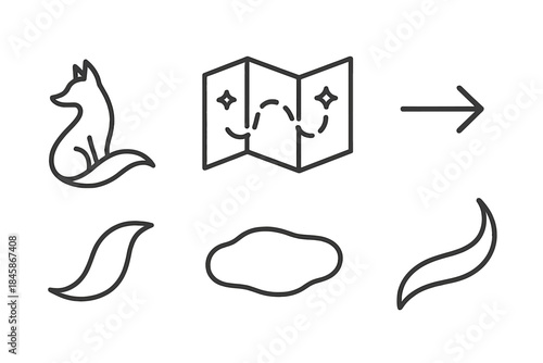 Twilight Trail Icons. Line style vector icons of trail map twilight: fox silhouette, tail swoop, twilight map block, trail