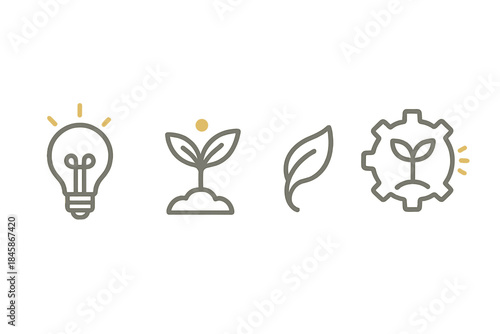 Seed Machinery Icons. Line style vector icons of bright seed machinery: bulb silhouette, internal filament mark, seedling rise,