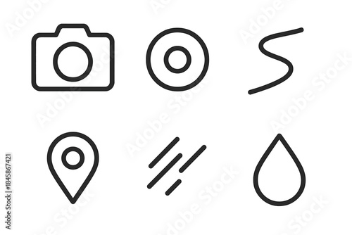 Rainfall Lens Icons. Line style vector icons of lens track rainfall: camera silhouette, centered lens core, track path stripe,