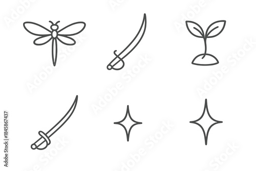 Airy Sabre Sprout Icons. Line style vector icons of airy sabre sprout: curved-wing insect form, light wing arc, narrow sabre track