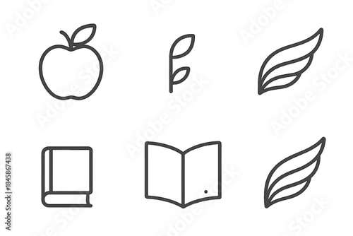 Aerial Orchard Icons. Line style vector icons of aerial orchard booklet: fruity outline, tiny leaf sign, upward wing slice,