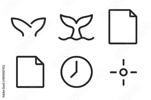 Aquatic Hourmark Icons. Line style vector icons of aquatic sheet hourmark: broad whale track, tail arc, flat sheet plane, folded