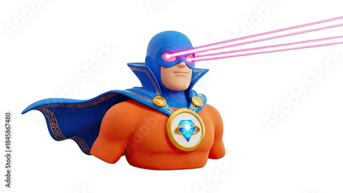 Superhero with Laser Eyes in Action, Isolated on White
