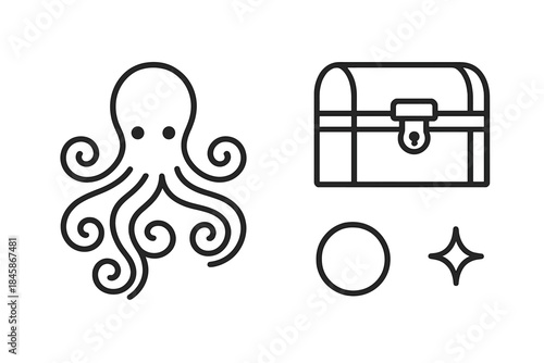 Octopus and Treasure Pearl. Line style vector icons of octopus treasure pearl: octopus outline, curling tentacle lines, treasure