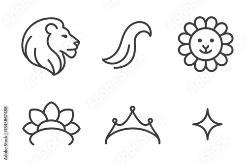 Mane-Flower Diadem Icons. Line style vector icons of mane-flower diadem: lion silhouette, mane curve, circular flower face,