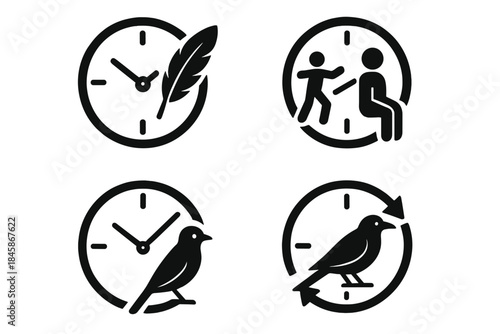 Clock and Crow Icons. Icons for: clock hands pointing toward a feathered form, moving arms guiding a still watcher, slender