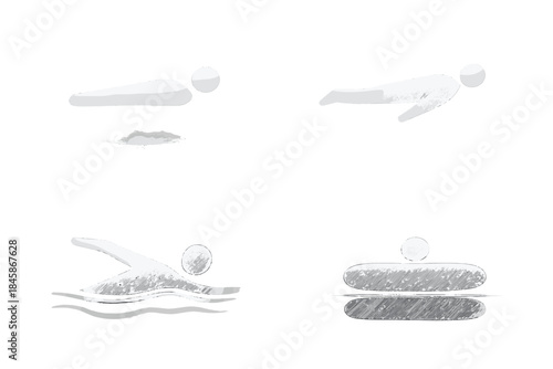 Serene Aquatic Icons. Icons for: a white form hovering above quiet shine, a floating body near bright water haze, a pale swimmer