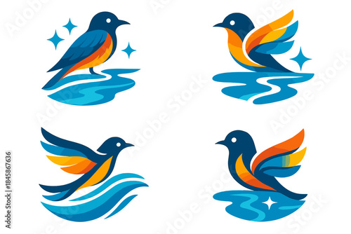 Reflections of Vibrant Plumage. Icons for: a river’s shimmer echoing feather hues, bright reflections mirroring vivid plumage,