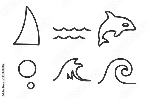 Oceanic Icons Collection. Line vector icons of Oceanic Sail Creature: tall sail shape, ocean strip, orca silhouette, crest