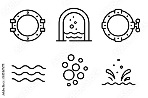 Deepwater Portal Icons. Line vector icons of Deepwater Steel Portals: steel portal, submerged arc, hatch ring, ripple bead, foam