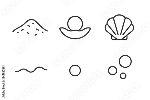 Pearl Nest Icons. Line vector icons of Pearl Nest Dune: dune patch, pearl nest, shell motif, tiny wave line, soft bead, bubble