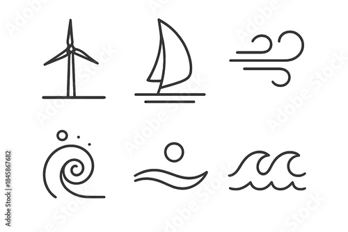 Ocean Wind Rig Icons. Line vector icons of Ocean Wind Rig: rig mast, ocean strip, sail curve, tide speck, foam curl, wave line.