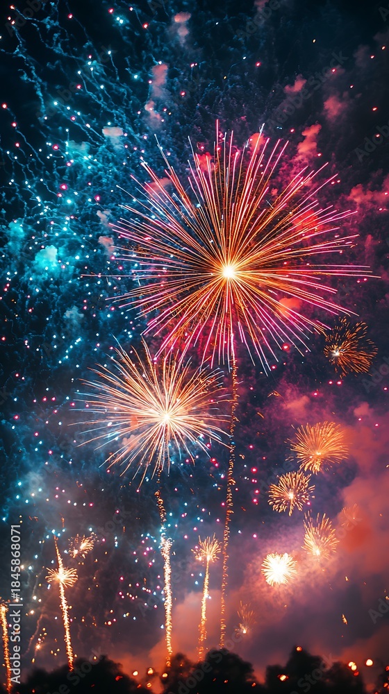 Fototapeta premium Fireworks colorful explosion celebration sky high resolution picture