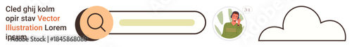 Data access, user interface, search engine, profile management, cloud storage, web services. Search bar with magnifying glass, user avatar and a cloud shape. Search engine and user interface concept