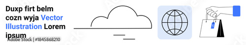 Cloud storage, e-commerce, technology, global communication, digital transactions, networking. Line art of cloud, globe and shopping bags. Cloud storage and e-commerce concept