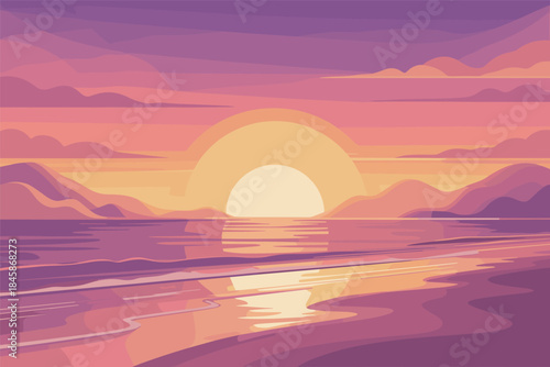 Vibrant Sunset Seascape with Mountains in Flat Design