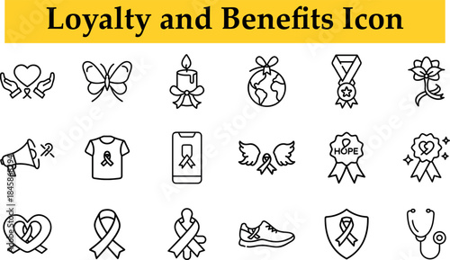 Set of 18 Loyalty and benefits icon representing customer rewards programs and exclusive membership advantages