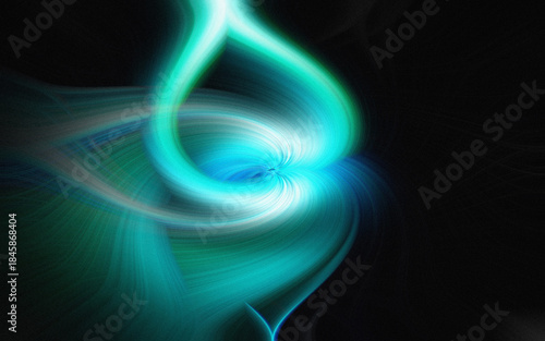 Vibrant abstract swirl of glowing teal and blue light against a dark cosmic background