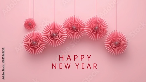 Happy New Year card design with pink paper fans hanging on strings and text on a light pink background