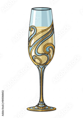 Elegant champagne flute with ornate gold swirls and delicate glass detailing.