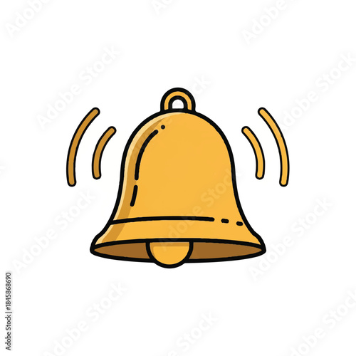 Playful cartoon bell icon with motion lines and visible clapper in a decorative illustration.