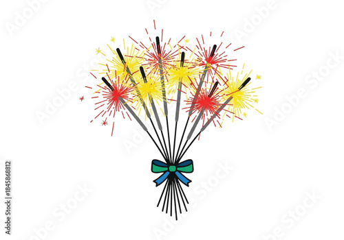 Colorful fireworks bouquet illustration tied with a blue ribbon.